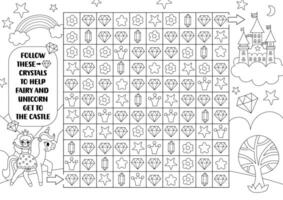 Unicorn black and white maze, seek and find game with gems, stars, flowers. Fairytale printable activity for kids. Logical searching puzzle, coloring page. Follow crystals to help fairy get to castle vector