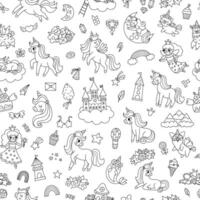 black and white unicorns seamless pattern. Repeat background with fairytale characters, animals with horn, rainbow, falling star, crystal. Fantasy world digital paper with castle, princess, moon vector