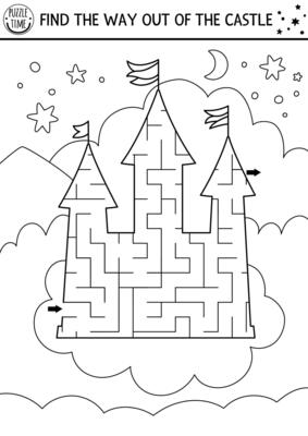 Fairytale black and white geometrical maze for kids. Preschool line printable activity shaped as unicorn castle on cloud with sky, stars, moon. Magic or fantasy labyrinth game puzzle, coloring page