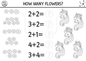 Black and white how many flowers game with cute unicorn head. Magic, fairytale line math addition activity. Simple fantasy world printable counting worksheet or coloring page for kids vector