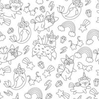 black and white seamless pattern for unicorn birthday party. Repeat background with fantasy animals with horns, falling star, crystal, rainbow. Fairytale digital paper or coloring page vector
