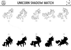 Unicorn black and white shadow matching activity. Magic world puzzle with cute characters. Find correct silhouette printable line worksheet, game. Fairytale coloring page for kids vector
