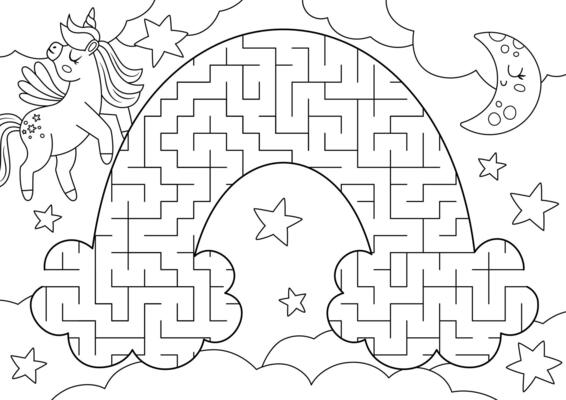 Unicorn black and white geometrical maze for kids. Fairytale line preschool printable activity shaped as rainbow. Magic or fantasy labyrinth game puzzle or coloring page with stars, clouds, half-moon