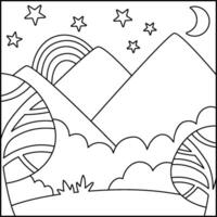 black and white abstract background with clouds, stars, half moon, forest, mountains. Magic or fantasy world line scene. Cute fairytale square nature landscape, coloring page vector