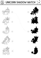 Unicorn black and white shadow matching activity with animals with horns. Magic world puzzle. Find correct silhouette printable worksheet, game. Fairytale coloring page for kids with cat, dog vector