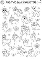 Find two same unicorn animals. Magic world black and white matching activity for children. Fantasy or fairytale educational line quiz worksheet for kids. Simple printable game or coloring page vector