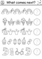 What comes next. Unicorn black and white matching activity for preschool children. Funny fantasy world puzzle. Magical logical worksheet. Continue the row game or coloring page with rainbow, star vector