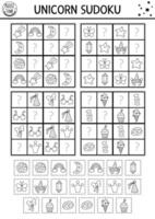 black and white unicorn sudoku puzzle for kids. Fairytale quiz with cut and glue elements. Education activity or coloring page with rainbow, crystal, falling star. Draw missing objects vector