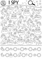 Unicorn black and white I spy game for kids. Searching and counting activity with rainbow, castle, star, clouds. Magic, fantasy world printable worksheet or coloring page. Fairytale spotting puzzle vector
