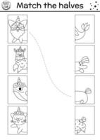 Black and white unicorn connect the halves worksheet. Fairytale line matching game with animals with horns and tails. Match heads and tails activity or coloring page with cat, corgi dog, llama vector