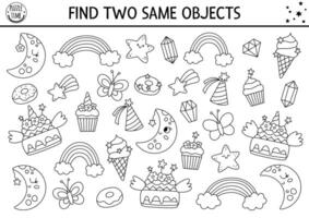 Find two same objects coloring page. Magic world matching activity for unicorn themed party. Fantasy or fairytale line educational quiz worksheet for kids. Simple black and white printable game vector
