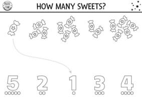 Black and white match the numbers unicorn game with sweets. Magic, fairytale math activity for kids. Fantasy world educational counting worksheet or coloring page with candies and stars vector