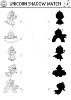 Black and white shadow matching activity with little fairies. Magic world puzzle. Find correct silhouette printable worksheet, game. Fairytale coloring page for kids with little unicorn princess vector