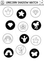 Black and white unicorn shadow matching activity with rainbow, star, butterfly, crystal. Magic line puzzle. Find correct silhouette printable worksheet, game. Fairytale coloring page for kids vector