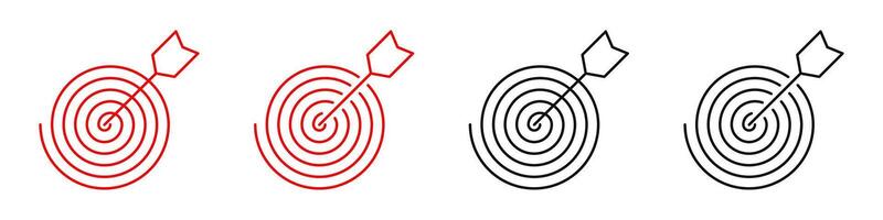 Line target icon set. Arrow hitting target center of dartboard. Target objective icon illustration. Editable line width vector