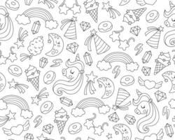 black and white seamless pattern for unicorn birthday party. Repeat background with falling star, crystal, doughnut, rainbow, sweets. Fantasy or fairytale digital paper, coloring page vector