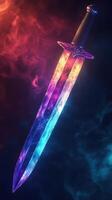 A stunning fantasy sword illuminated with vibrant colors in a smoky background at night photo