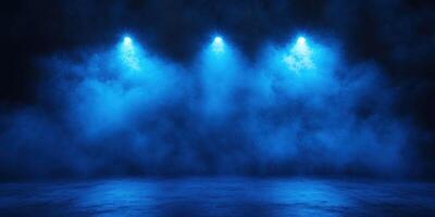 Vibrant blue stage lights illuminate a misty performance area for an upcoming event photo