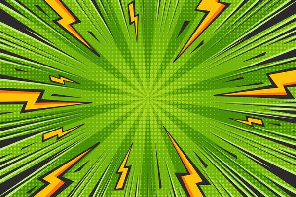 Cartoon comic green background with lightnings. Pop art graphic with halftone effect and radial thunders. Abstract illustration with flash light and speed lines frame.