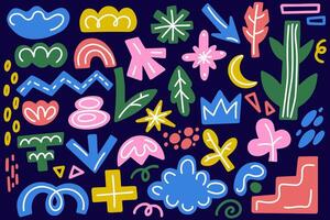Abstract organic shapes on dark background. Retro set with clouds flowers and funky stars. Doodle stickers with cute hand drawn scribbles and blobs. 90s aesthetic collage. vector