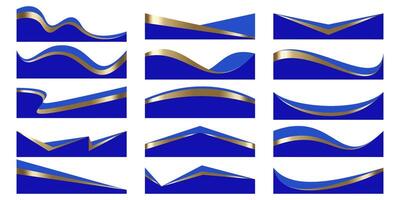 Header shapes design. Website border sections. Abstract curved bottom with golden elements. Separator blue wavy frames for webpage. Simple headlines for site and app interface. vector