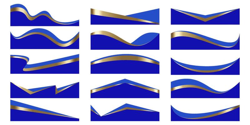 Header shapes design. Website border sections. Abstract curved bottom with golden elements. Separator blue wavy frames for webpage. Simple headlines for site and app interface.