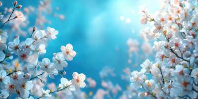 Blossoming white flowers against a serene blue background create a tranquil springtime atmosphere in nature photo