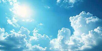 Bright sunny sky with fluffy clouds during midday in a serene landscape photo