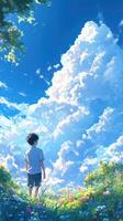 Young boy gazes at fluffy clouds under a bright blue sky in a lush green field during a sunny day photo