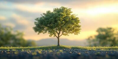 Lone tree standing under a vibrant sky at sunset in a serene landscape photo