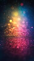 Colorful bokeh lights create a dazzling visual effect on a dark surface during a nighttime setting photo