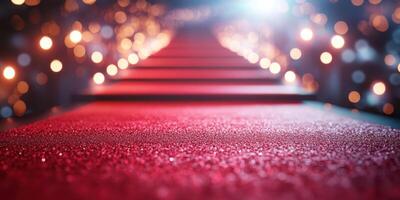 Red carpet leading to an illuminated entrance at a glamorous evening event in a vibrant setting photo
