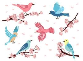 Spring birds and flowering branches. A trendy set of elements for printing on postcards, banners, invitations. vector