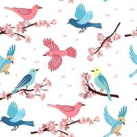 Spring birds and flowering branches. Colorful cute seamless pattern for printing on wallpaper, wrapping paper, textile on other surfaces. vector