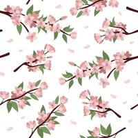 Pink flowers on white background. Spring branch seamless pattern on white background. Design for fabric, wallpaper, wrapping paper. vector