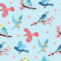 Spring birds and flowering branches on light blue background. Colorful cute seamless pattern for printing on wallpaper, wrapping paper, textile on other surfaces. vector