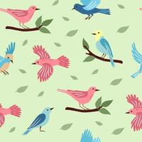 Spring birds, leaves and branches on light green background. Colorful cute seamless pattern for printing on wallpaper, wrapping paper, textile on other surfaces. vector