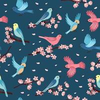 Spring birds and flowering branches on blue background. Colorful cute seamless pattern for printing on wallpaper, wrapping paper, textile on other surfaces. vector