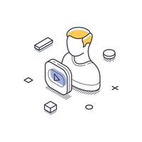 Creative content creation in an isometric line art style featuring a person with a element vector