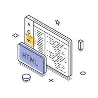 Isometric line art icon representing web development with HTML coding and interface elements vector