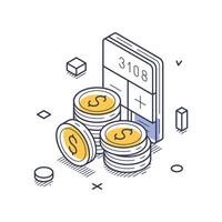 Financial report icon showcasing isometric line art design with coins and calculator illustration vector