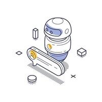 Technical support isometric line art illustration featuring a service robot and tools vector