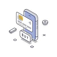 Isometric line art icon representing online market shopping with smartphone and payment card vector
