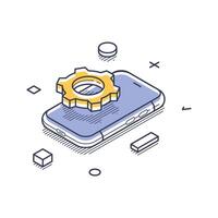 Isometric line art illustration of technical support with smartphone and gear icon vector