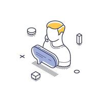 Technical support character providing assistance in isometric line art style illustration vector