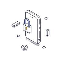 Isometric line art icon illustrating data protection with a phone and padlock design vector