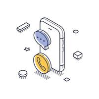 Technical support isometric line art icon with phone and chat symbols in a digital setting vector
