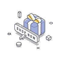 Online shopping icon featuring a gift box and call-to-action button for ecommerce vector