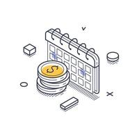 Financial report icon featuring isometric line art design and calendar with coins vector