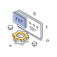 Icon design featuring isometric line art for web development elements with PHP and gear vector